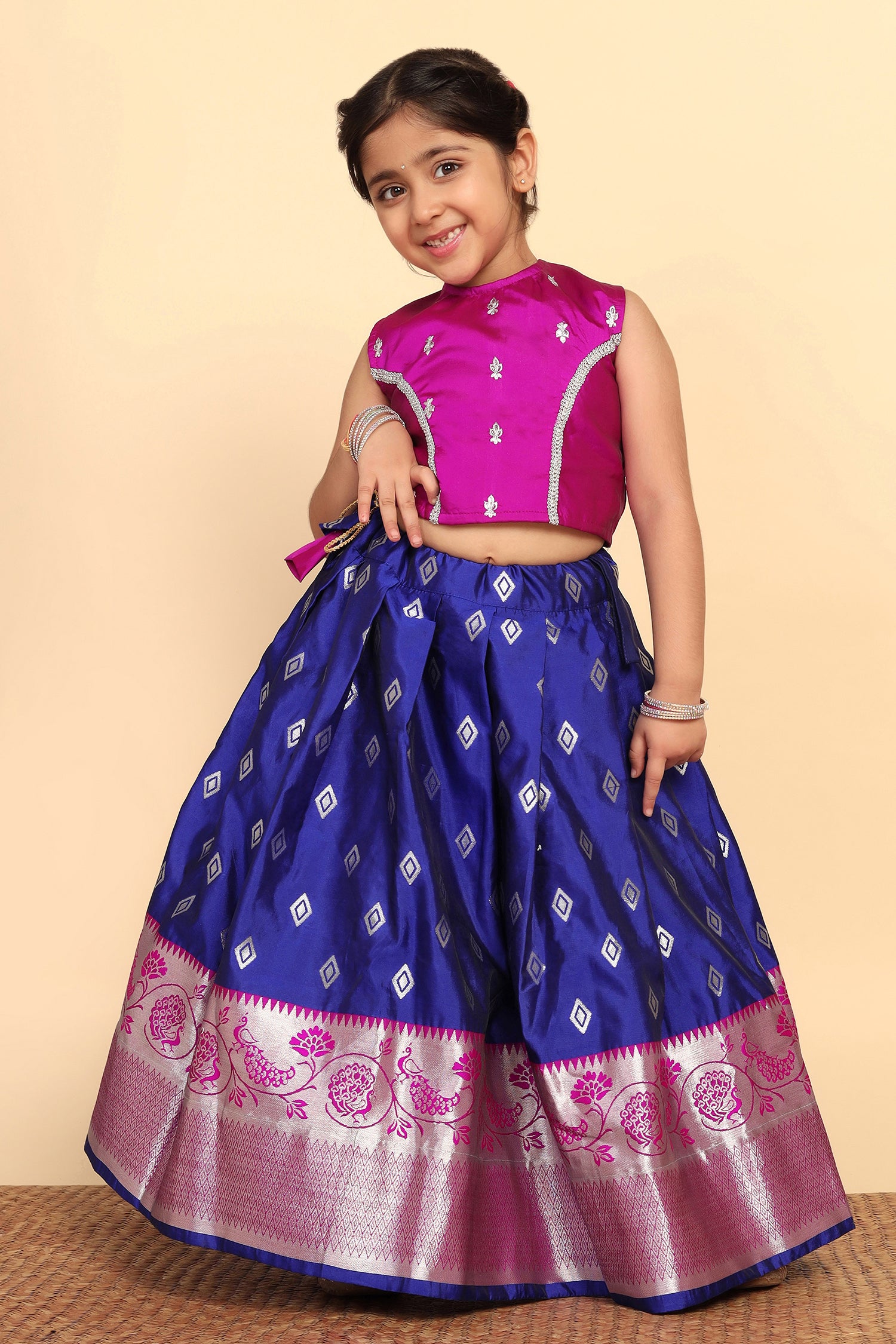 Girl's Rani Pink Jacquard Work Lehenga Choli Set - Fashion Dream