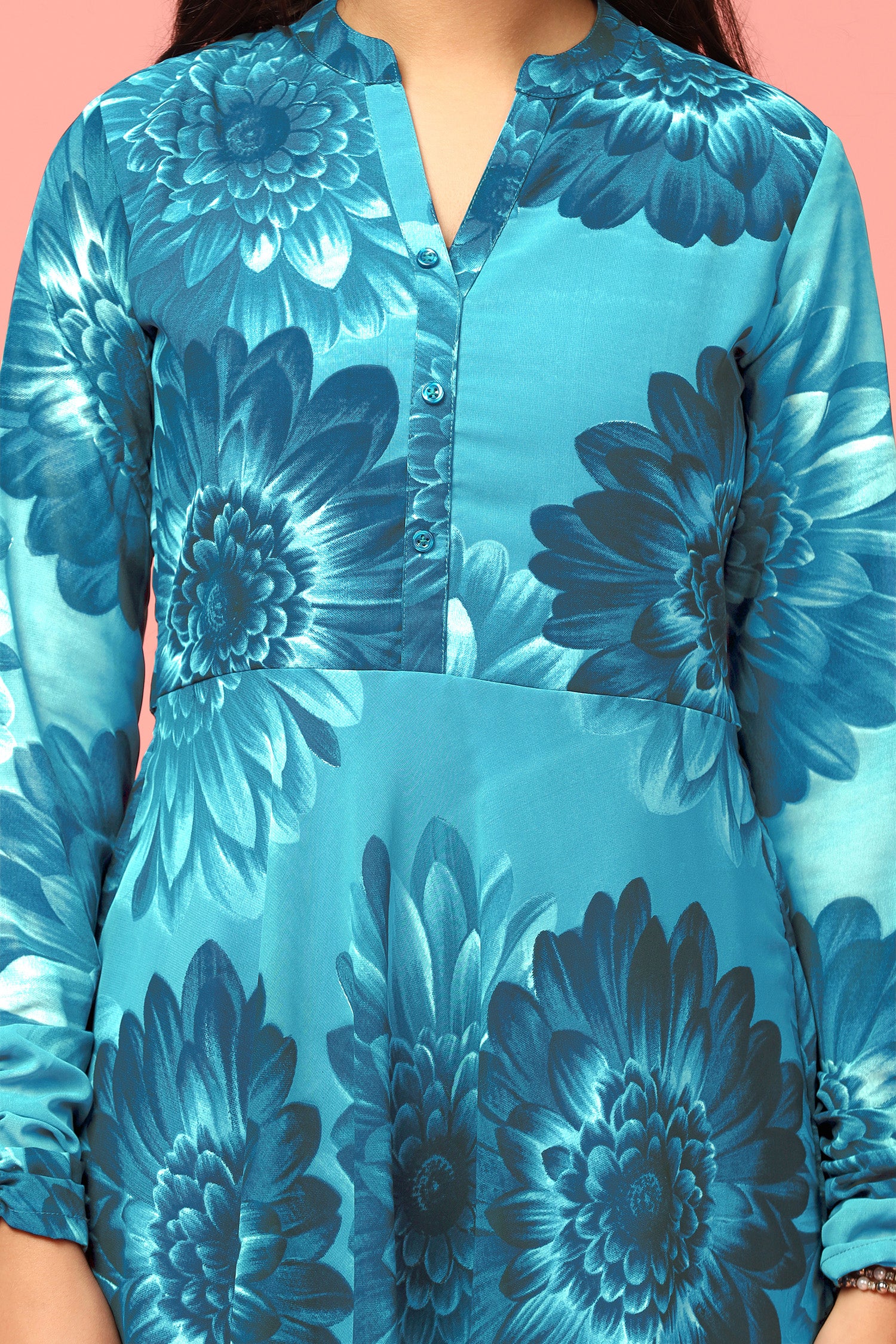 Girl's Blue Georgette Maxi Length Floral Printed Dress - Fashion Dream