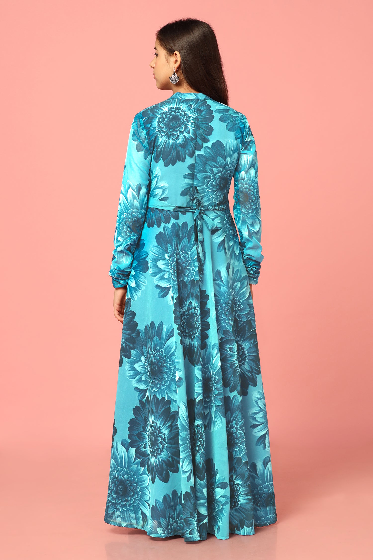 Girl's Blue Georgette Maxi Length Floral Printed Dress - Fashion Dream