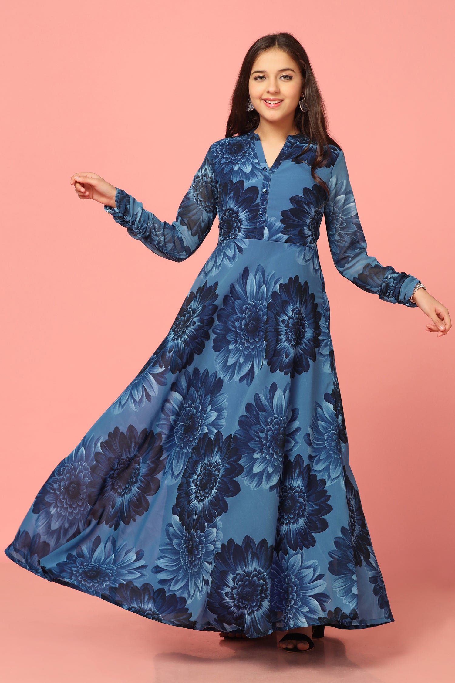 Girl's Navy Blue Georgette Maxi Length Floral Print Dress - Fashion Dream