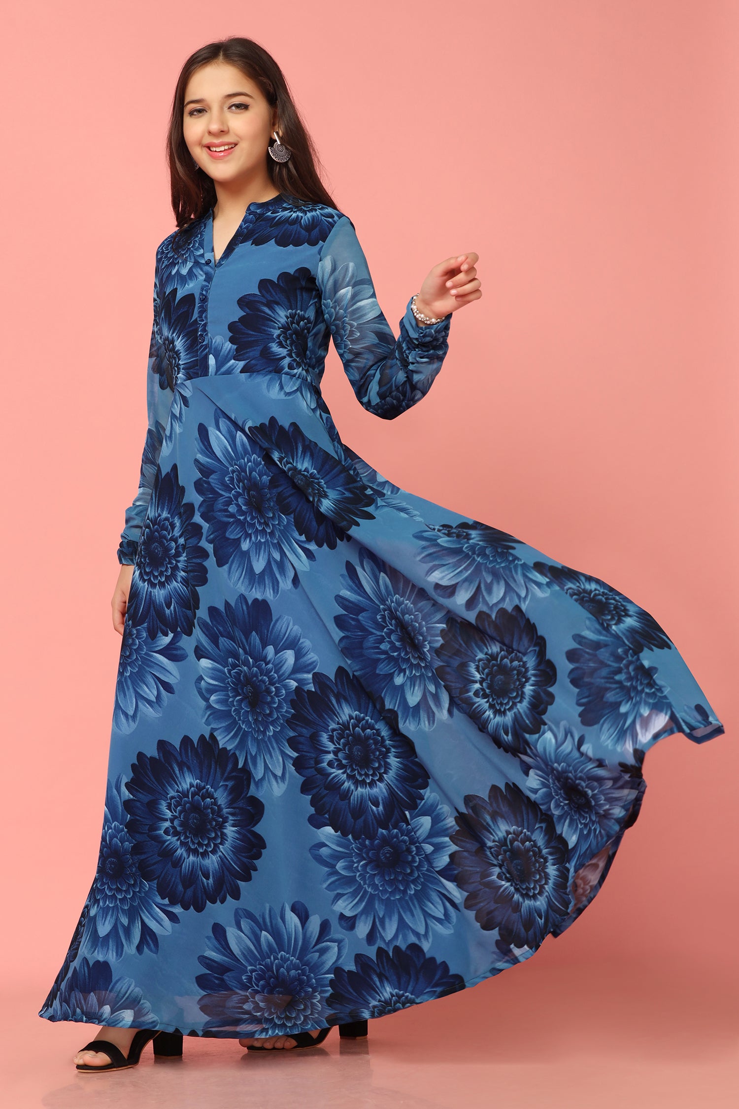 Girl's Navy Blue Georgette Maxi Length Floral Print Dress - Fashion Dream
