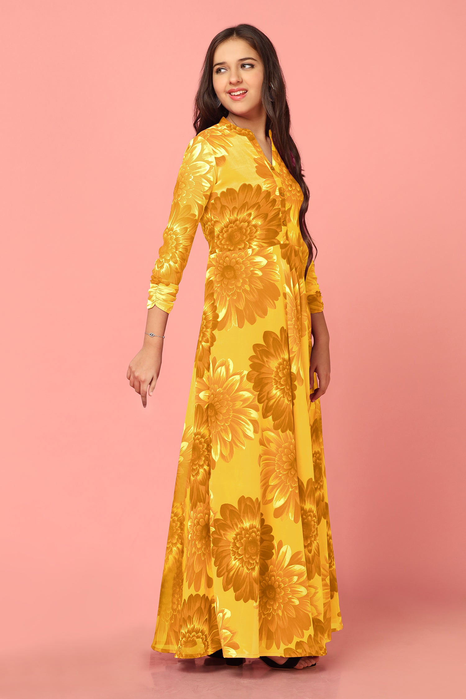 Girl's Yellow Georgette Maxi Length Floral Print Dress - Fashion Dream