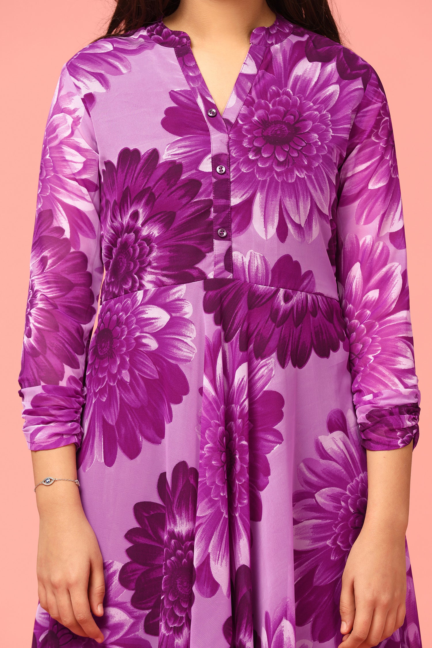 Girl's Purple Georgette Maxi Length Floral Print Dress - Fashion Dream