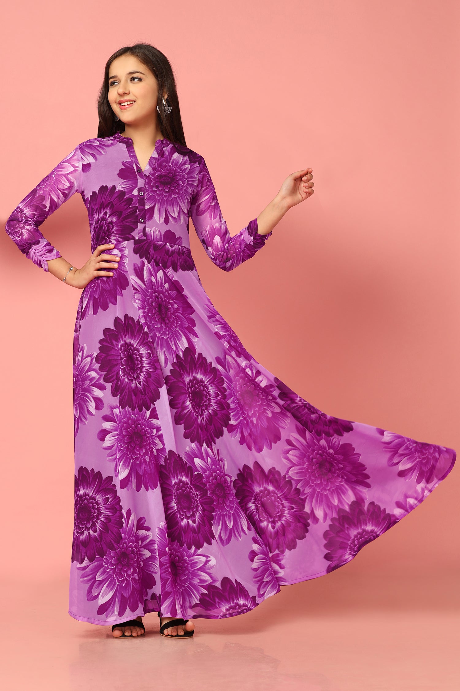 Girl's Purple Georgette Maxi Length Floral Print Dress - Fashion Dream