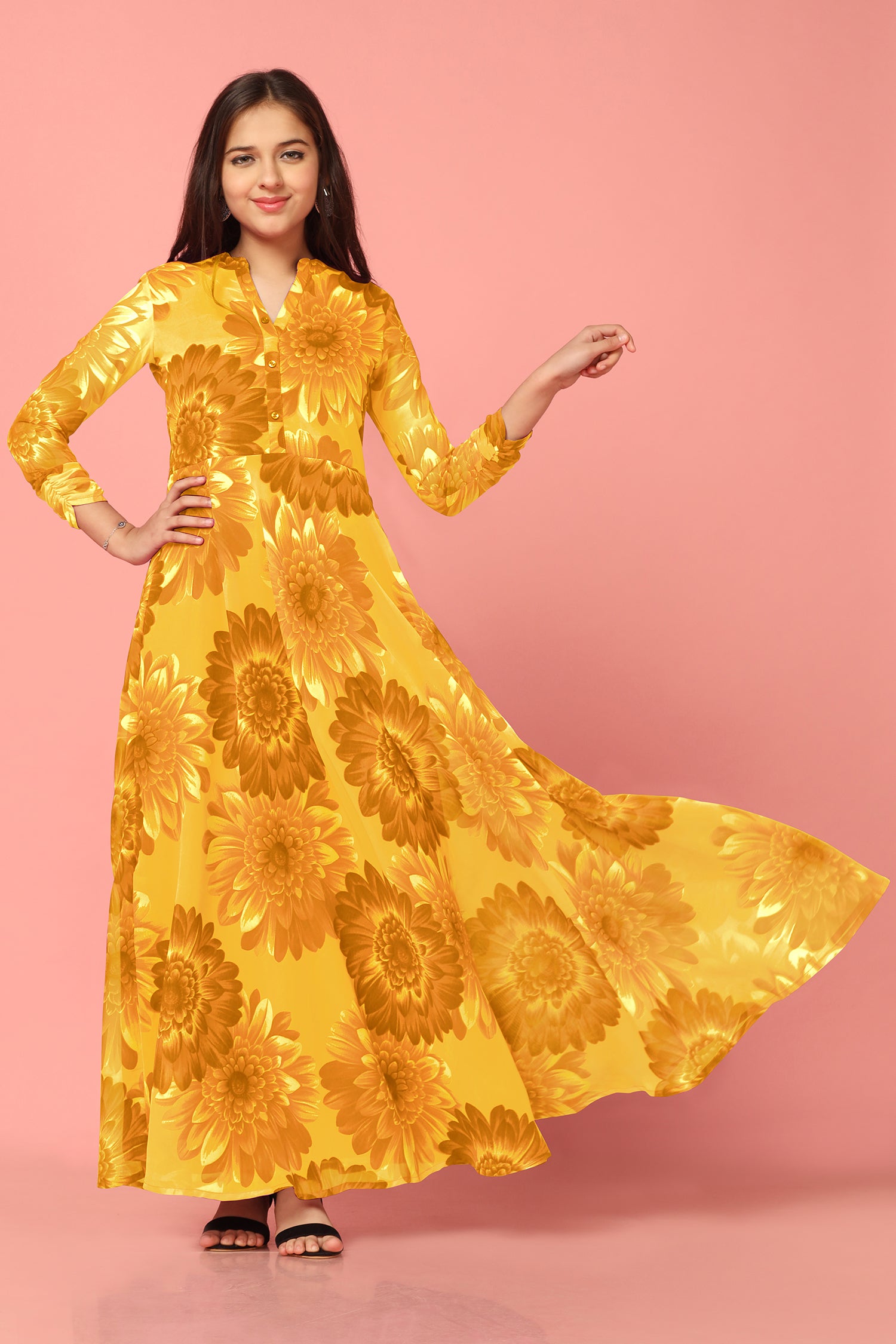 Girl's Yellow Georgette Maxi Length Floral Print Dress - Fashion Dream