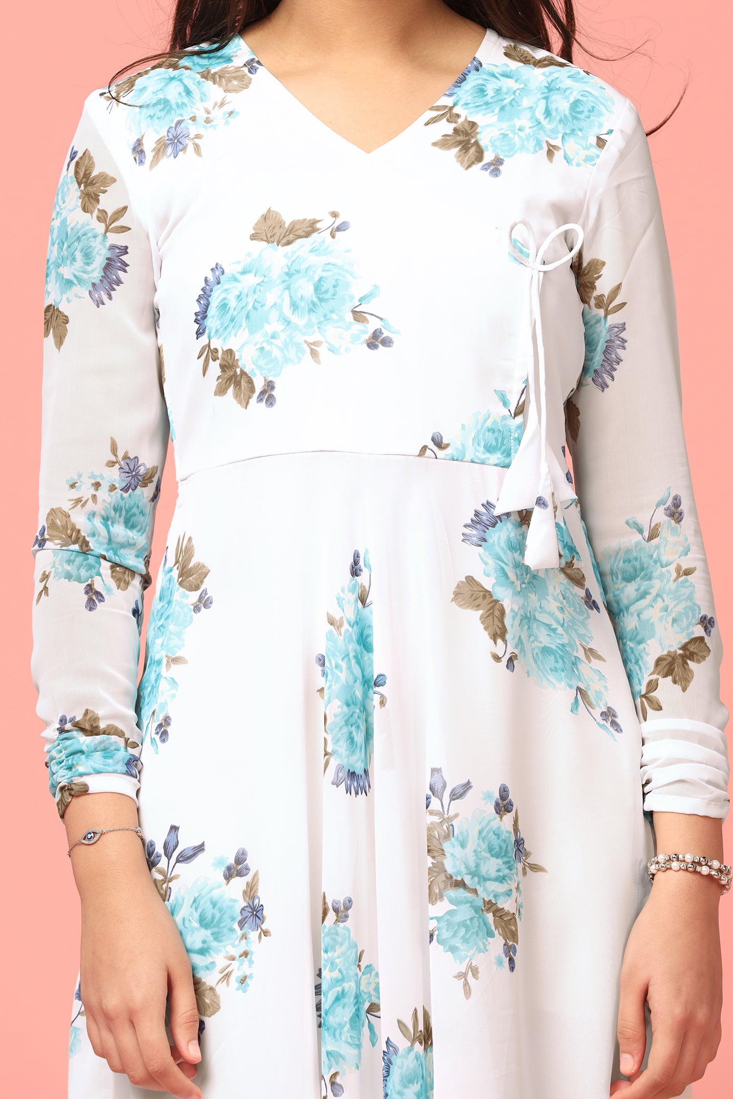 Girl's White Georgette Maxi Length Floral Print Dress - Fashion Dream