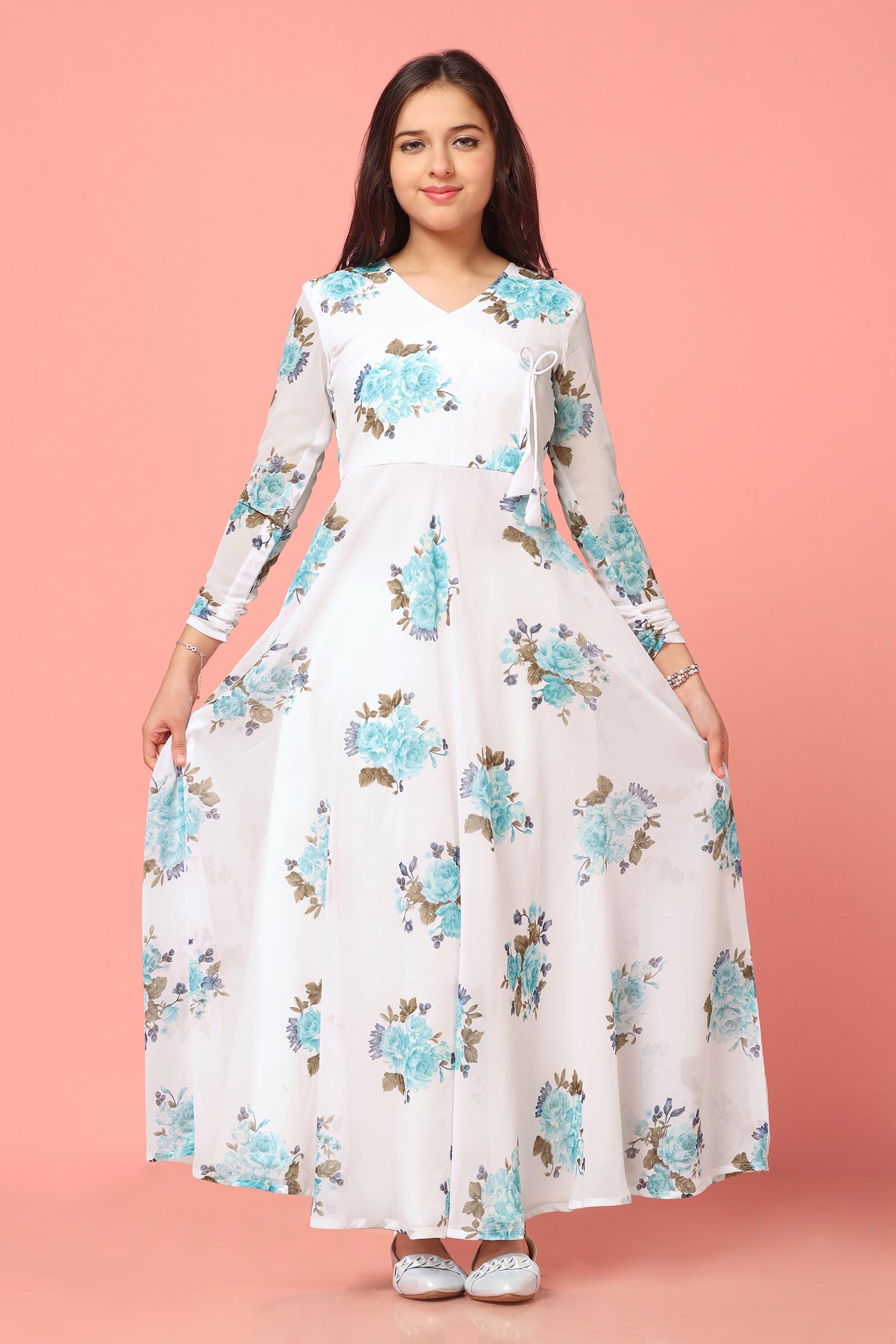 Girl's White Georgette Maxi Length Floral Print Dress - Fashion Dream