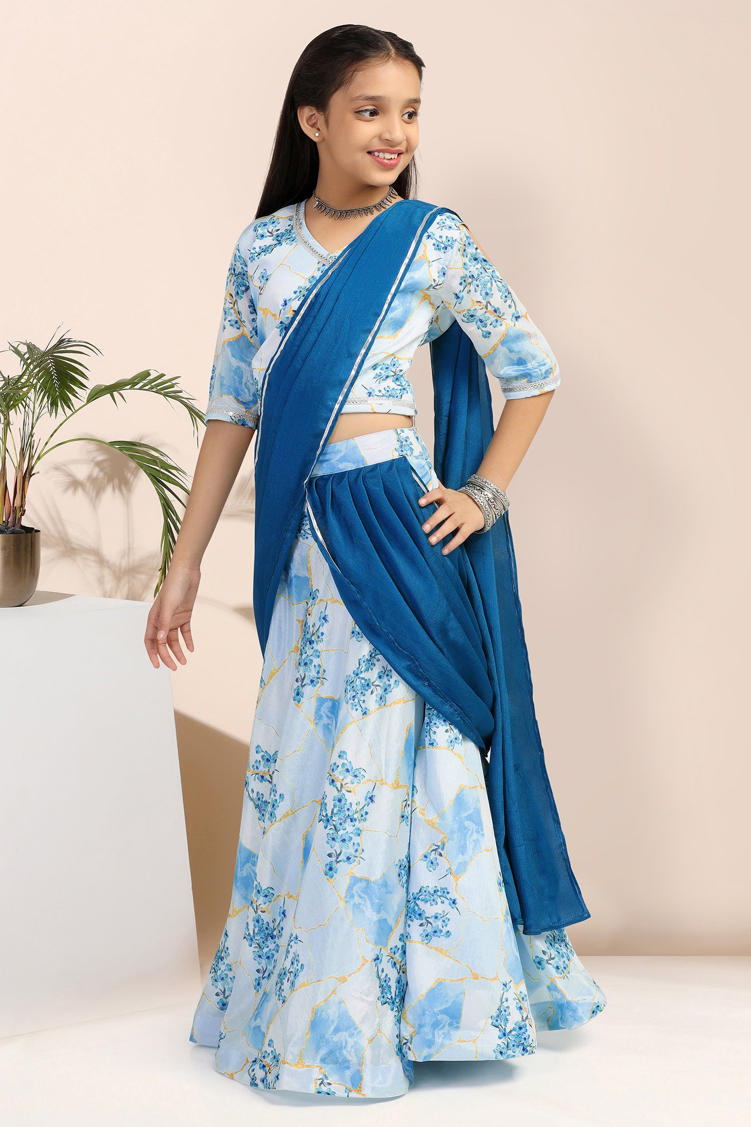 Girl's Powder Blue Chinon Readymade Lehenga Choli With An Attached Dupatta - Fashion Dream