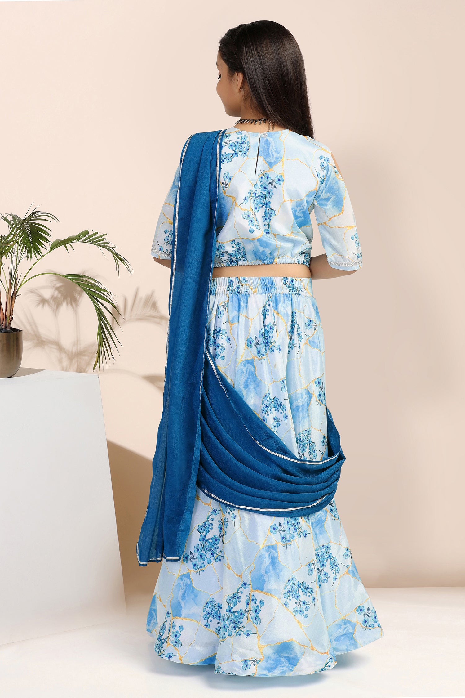 Girl's Powder Blue Chinon Readymade Lehenga Choli With An Attached Dupatta - Fashion Dream