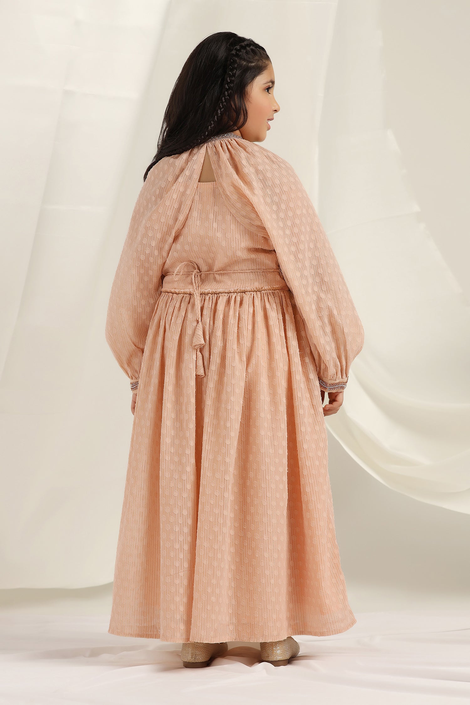 Girl's Peach Maxi Length Fit And Flare Dobby Weave Dresses With Embellished Belt - Fashion Dream