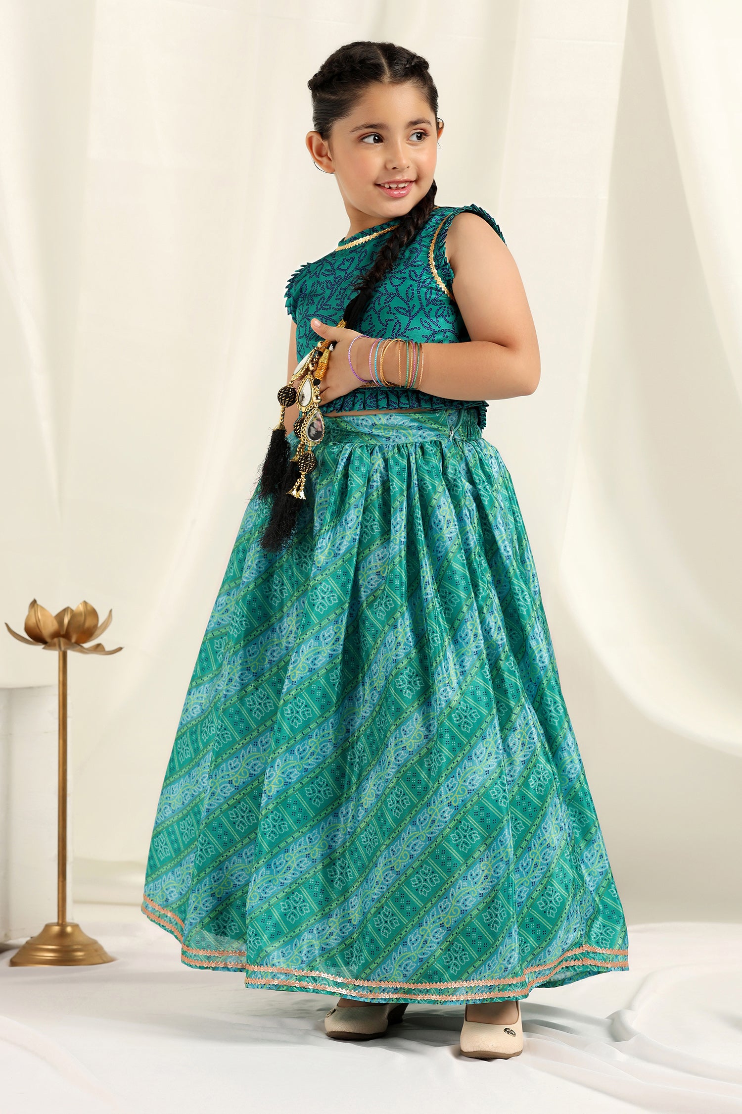 Girl'S Turquoise Chinon Readymade Sleeveless Flared Lehenga Choli - Fashion Dream