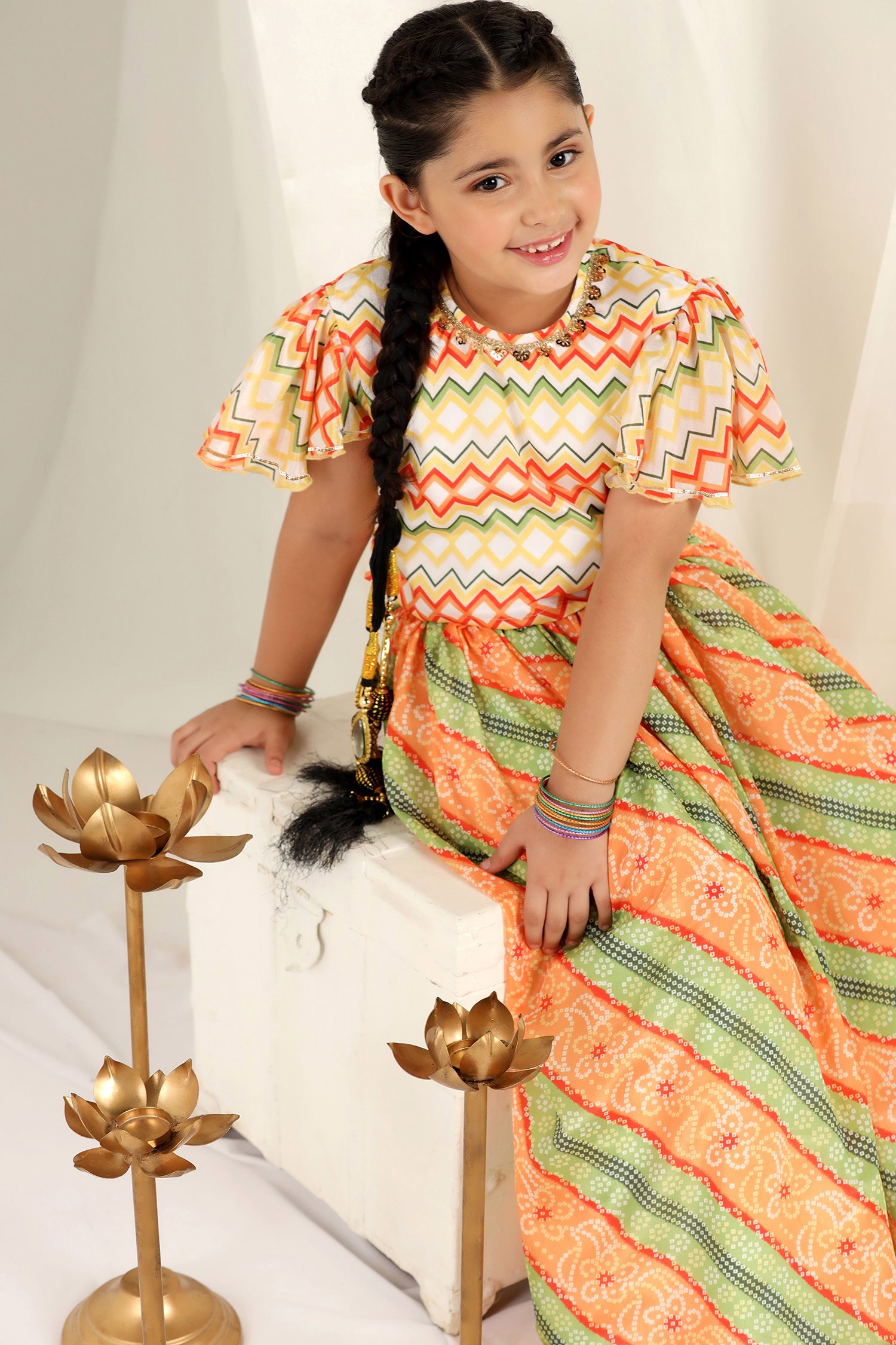 Girl's Yellow Chinon Bandhani Printed Readymade Lehenga Choli - Fashion Dream