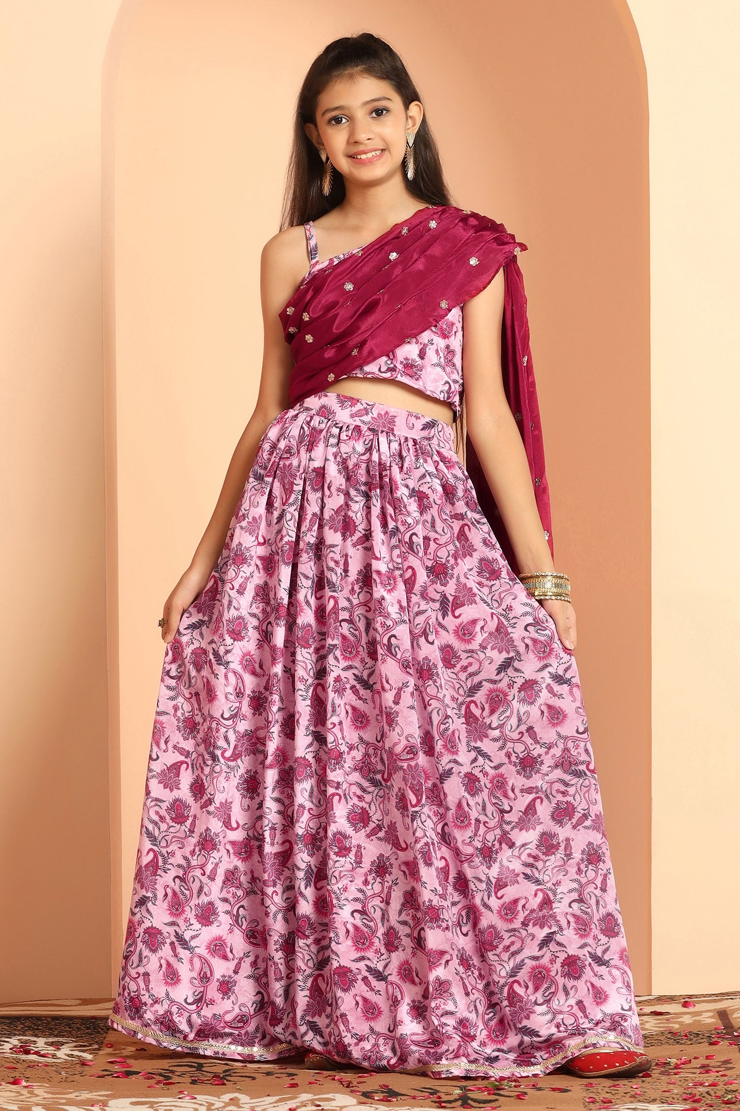 Girl's Pink Chinon Printed Lehenga Choli With Attached Dupatta - Fashion Dream