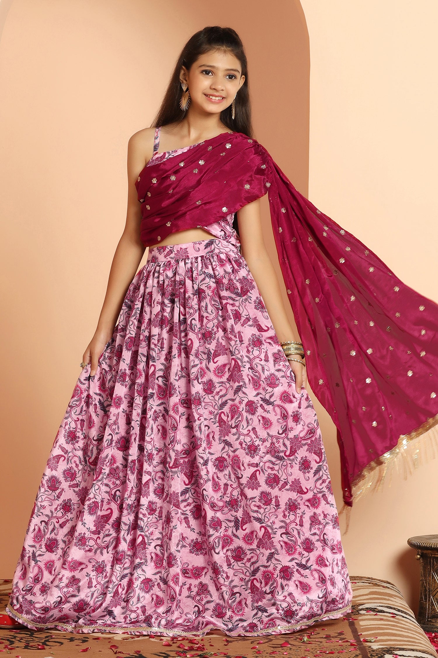 Girl's Pink Chinon Printed Lehenga Choli With Attached Dupatta - Fashion Dream