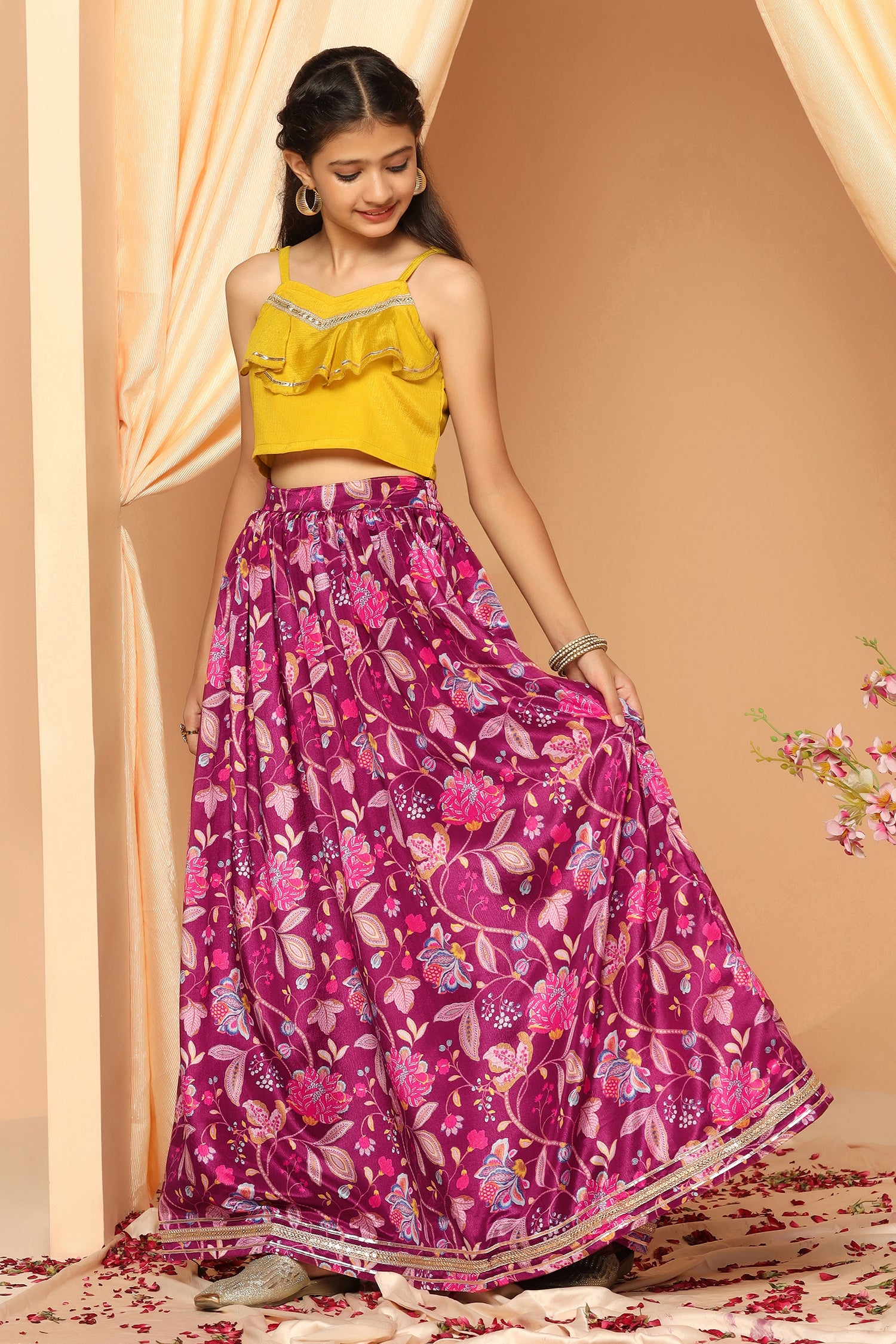 Girl's Wine Chinon Floral Printed Lehenga Choli Set - Fashion Dream
