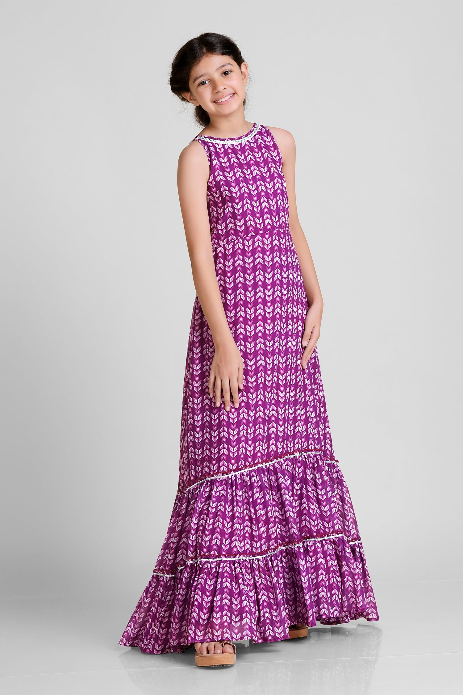 Girl's Purple Georgette Tiered And Flared Maxi Dress - Fashion Dream