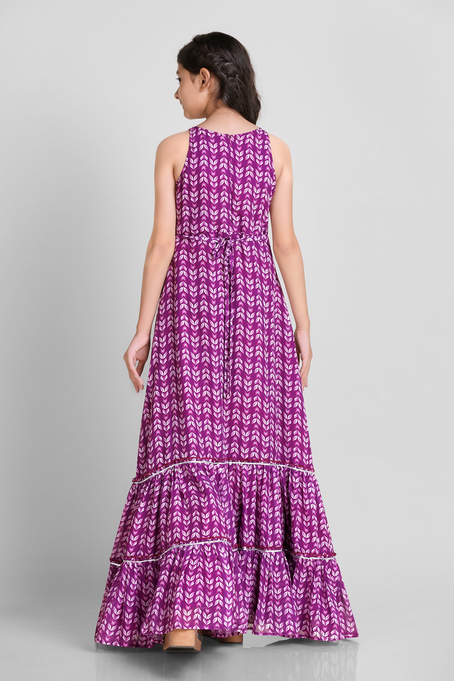 Girl's Purple Georgette Tiered And Flared Maxi Dress - Fashion Dream