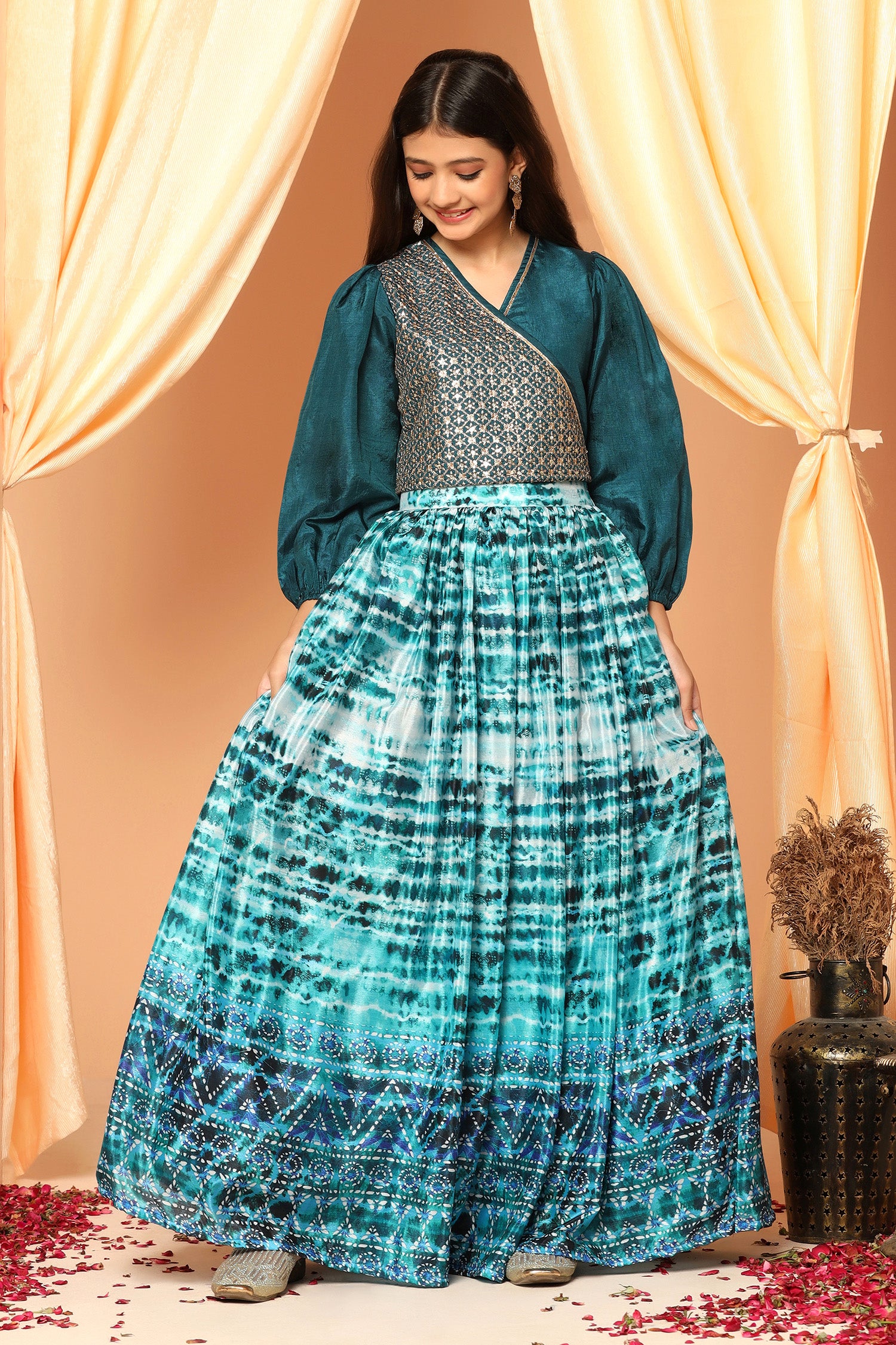 Girl's Rama Chinon Shibori Print Lehenga Choli Set - Fashion Dream