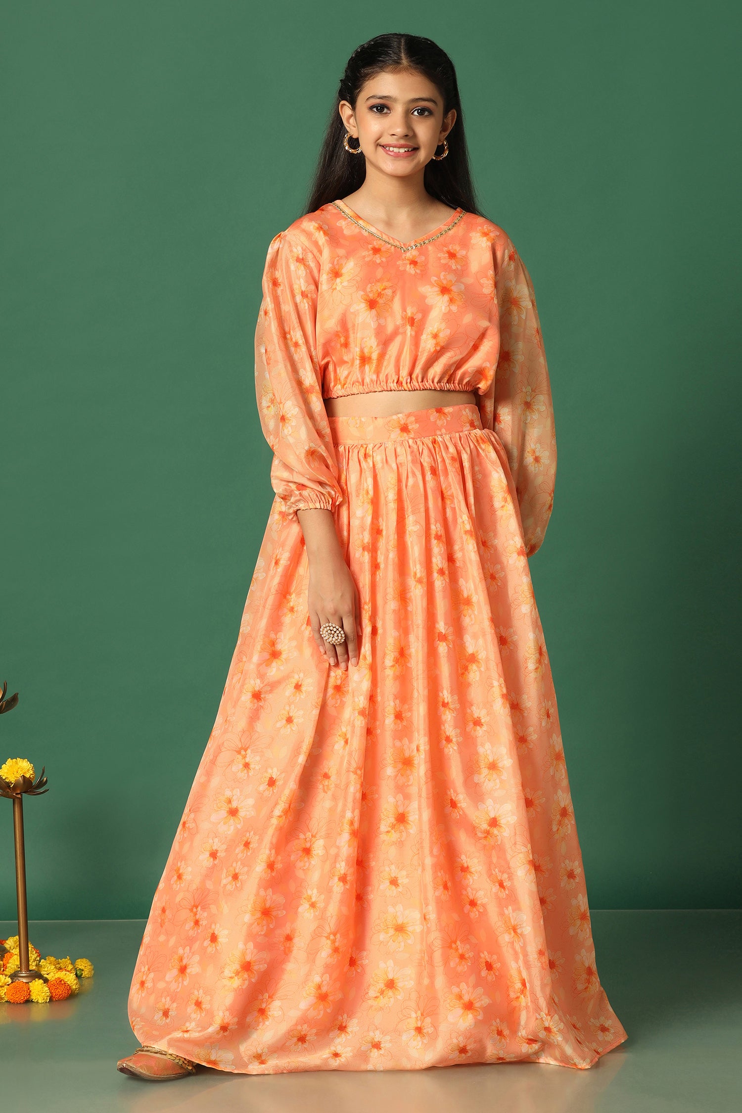 Girl'S Orange Floral Printed Tabby Silk Lehenga Choli - Fashion Dream