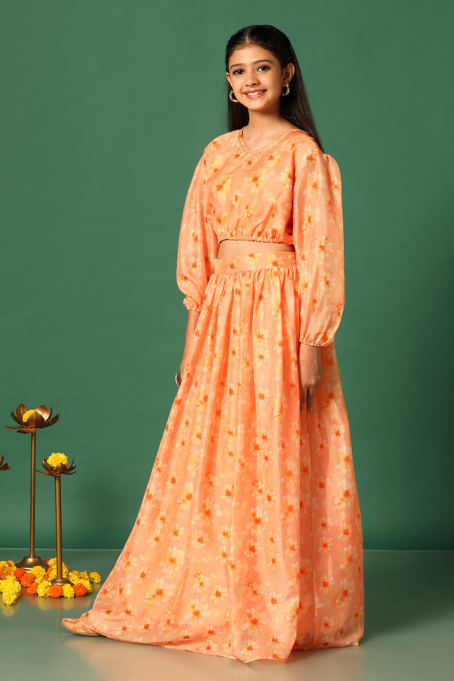 Girl'S Orange Floral Printed Tabby Silk Lehenga Choli - Fashion Dream