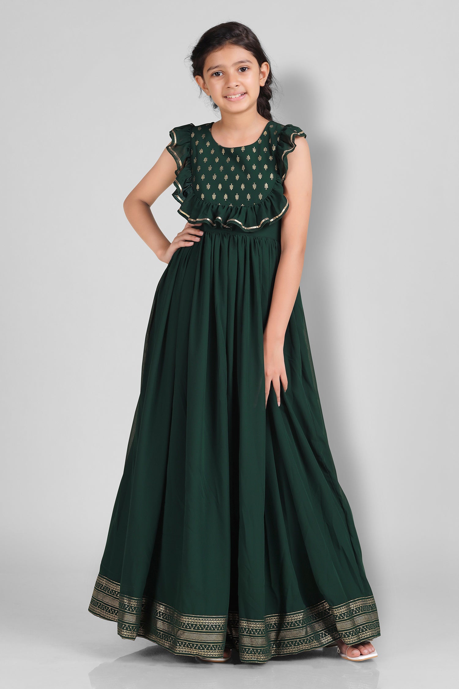 Girl's Bottle Green Foil Printed Maxi Dress - Fashion Dream