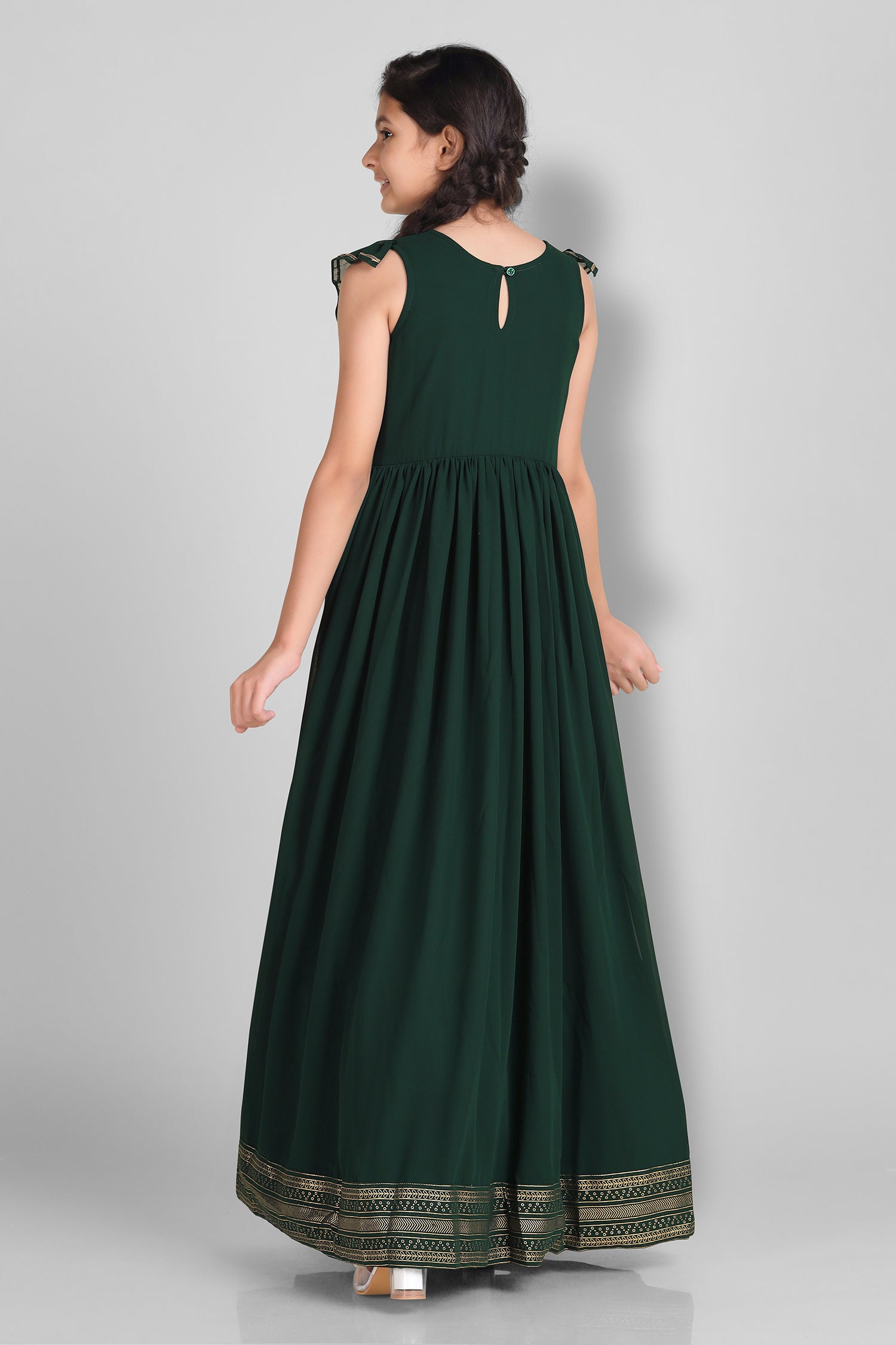 Girl's Bottle Green Foil Printed Maxi Dress - Fashion Dream