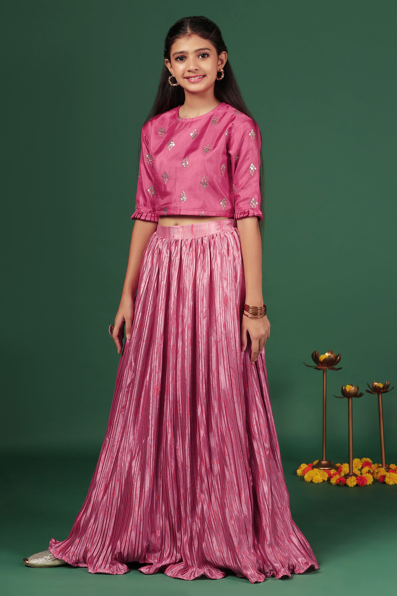 Girl's Pink Chinon Embroidered Lehenga Choli Set - Fashion Dream