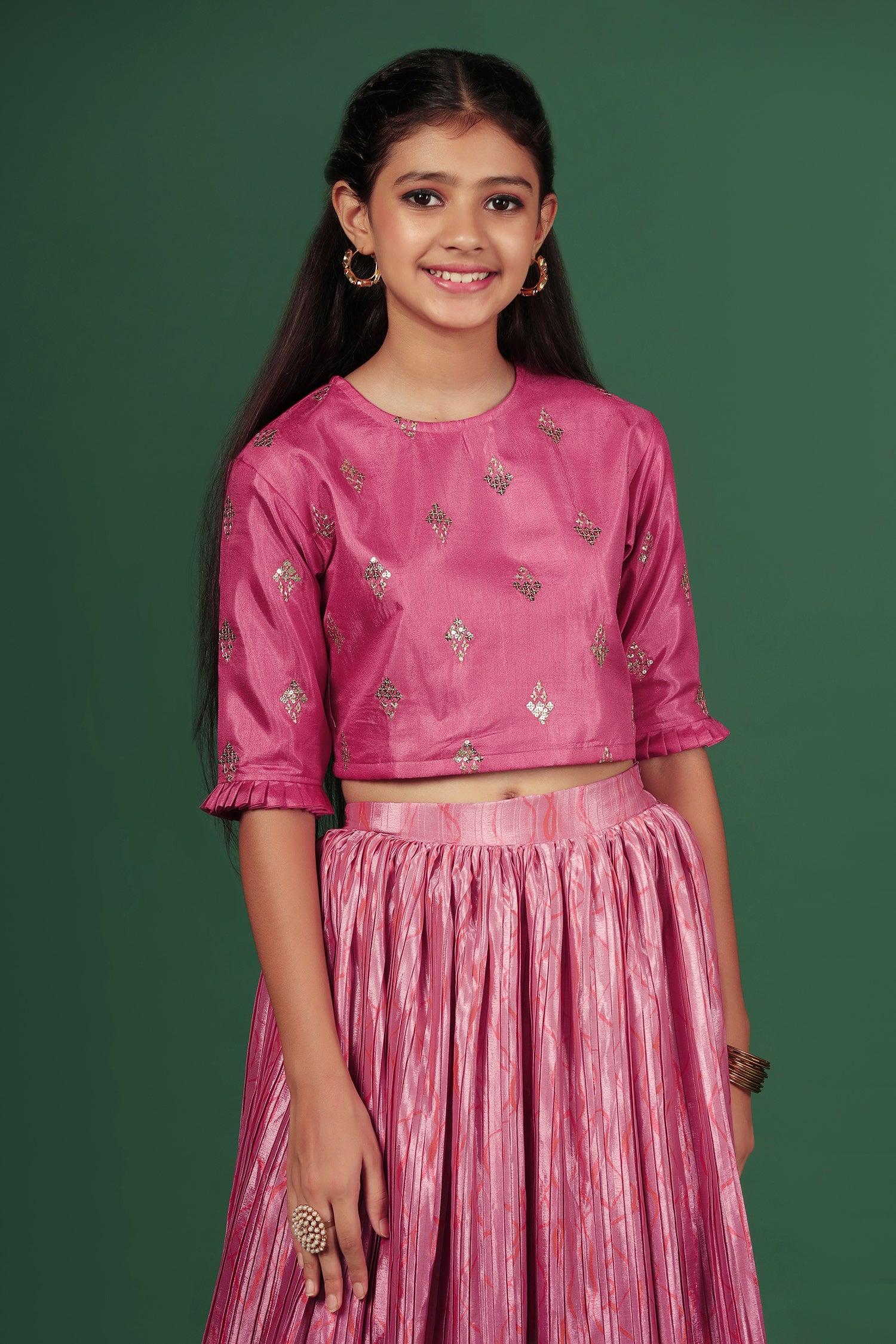 Girl's Pink Chinon Embroidered Lehenga Choli Set - Fashion Dream