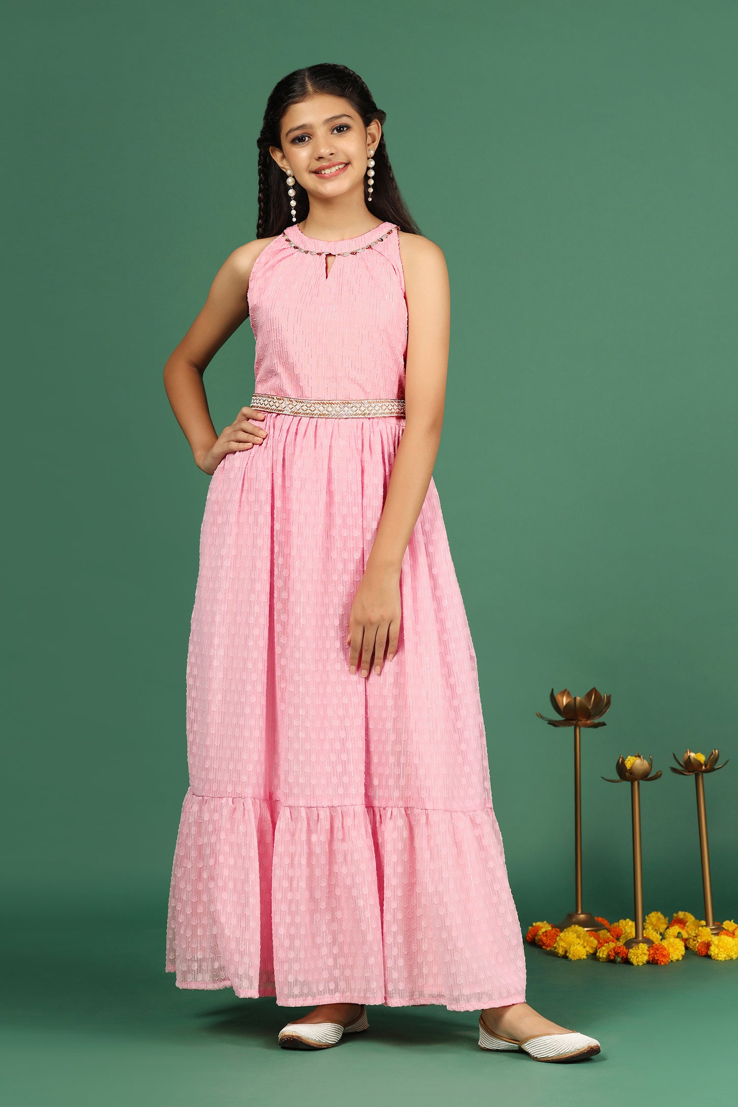 Girl's Pink Maxi Length Dobby Weave Dresses With Embellished Belt - Fashion Dream