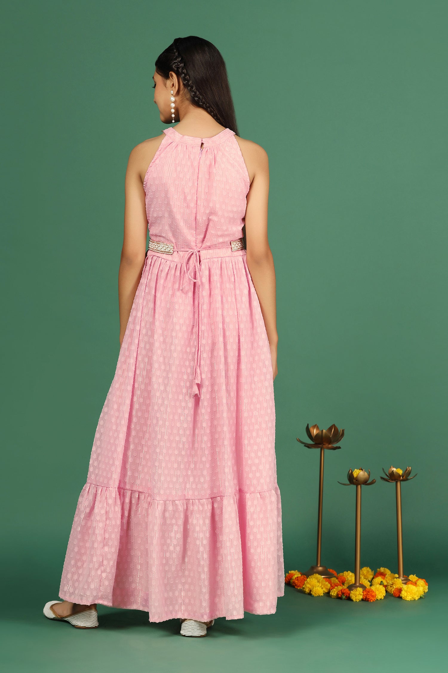 Girl's Pink Maxi Length Dobby Weave Dresses With Embellished Belt - Fashion Dream