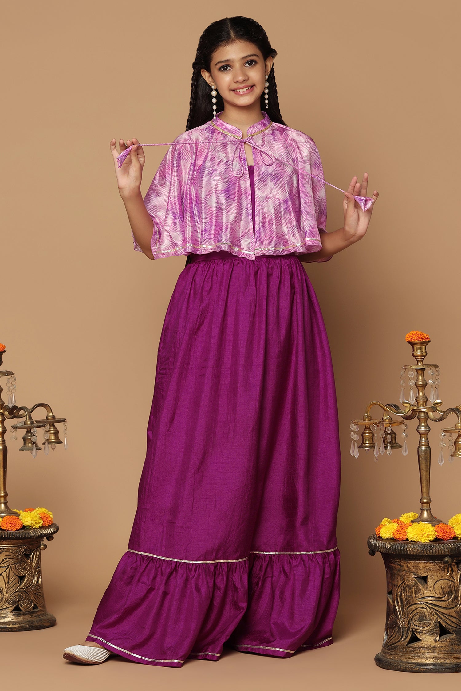 Girl's Purple Maxi Length Fit And Flare Dresses With Cape - Fashion Dream