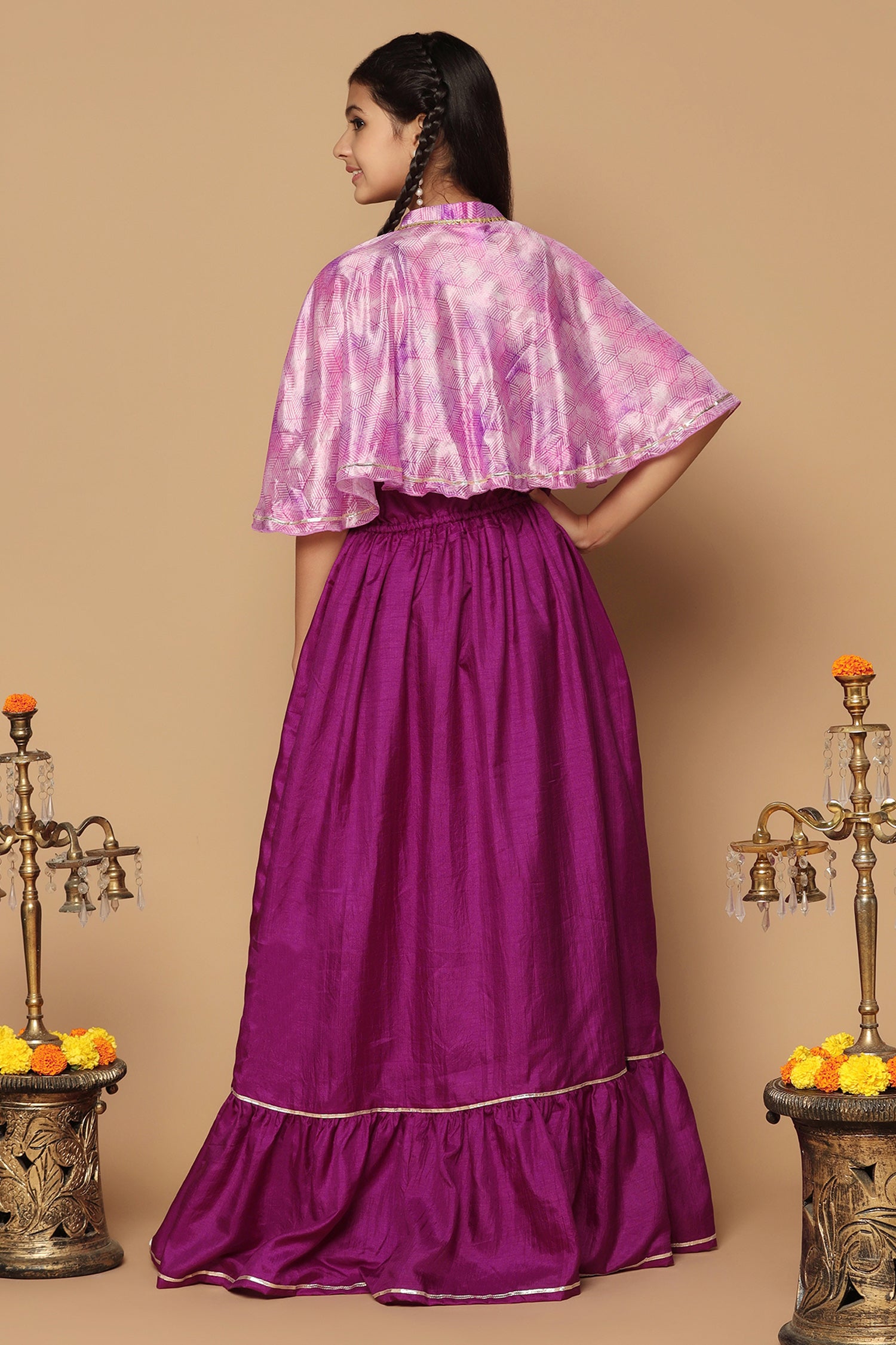 Girl's Purple Maxi Length Fit And Flare Dresses With Cape - Fashion Dream