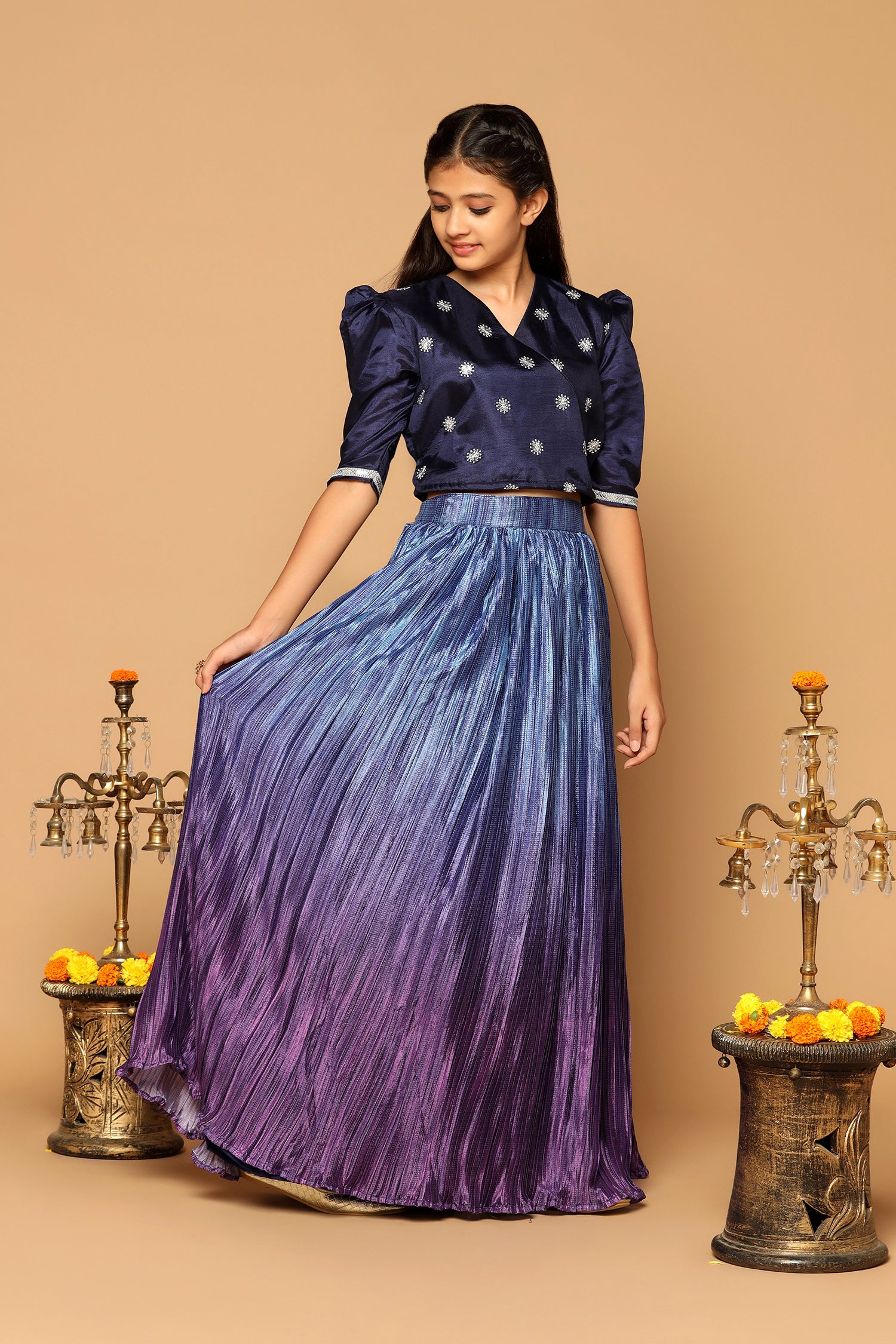 Girl's Blue Chinon Embroidered Lehenga Choli Set - Fashion Dream