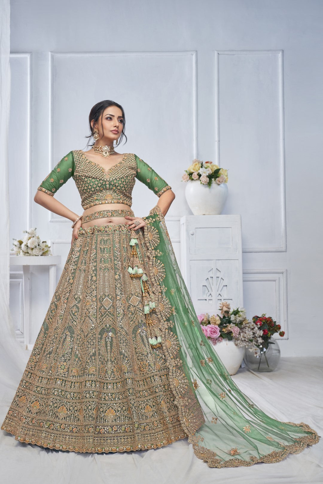 Women's Green Soft Net Embroidery Lehenga Set - Kesar Fab