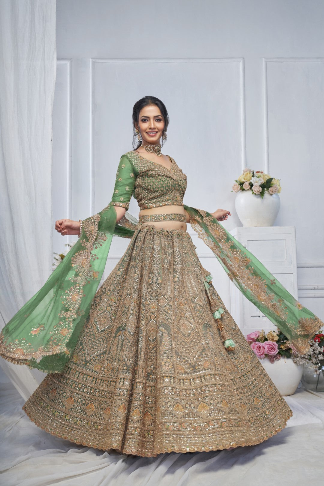 Women's Green Soft Net Embroidery Lehenga Set - Kesar Fab