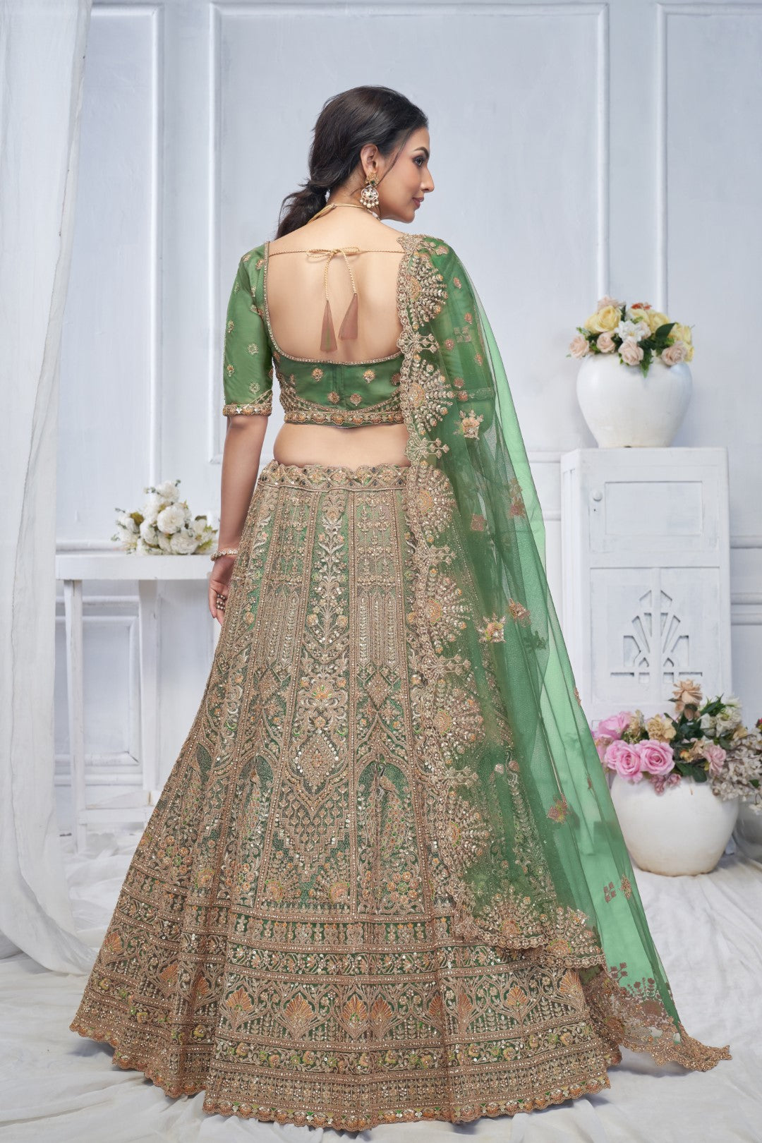 Women's Green Soft Net Embroidery Lehenga Set - Kesar Fab