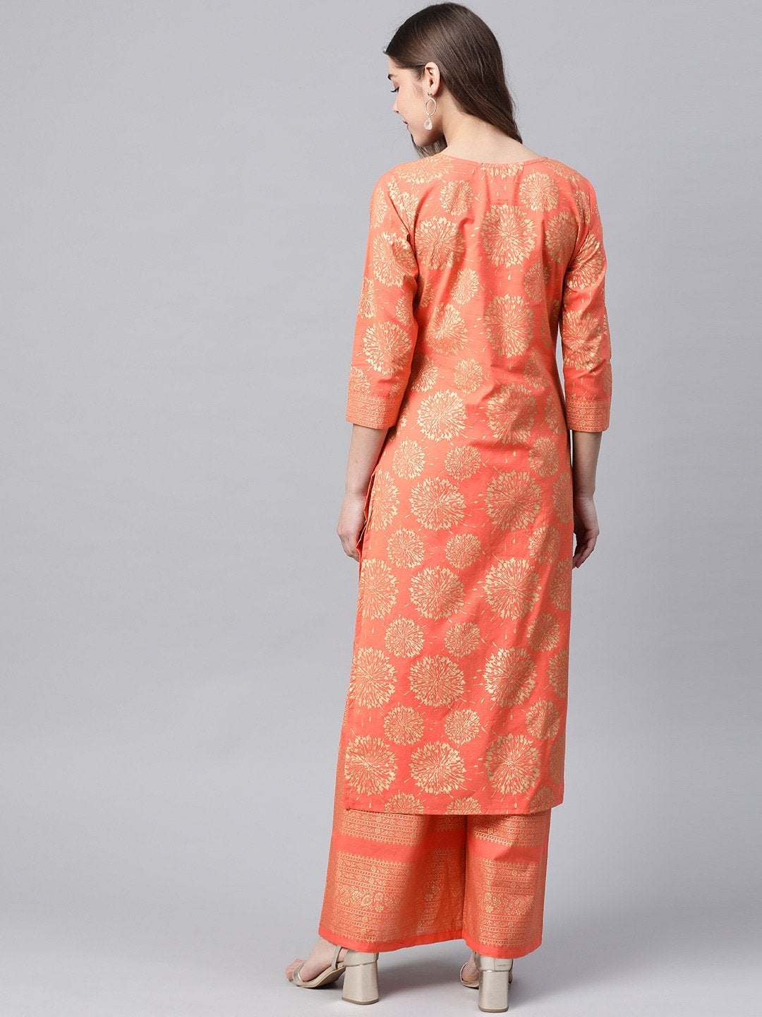 Women's Coral Orange & Golden Printed Pure Cotton Kurta with Palazzos