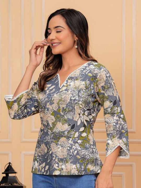 Women's Floral Print Mandarin Collar Shirt Style Top - Taantav