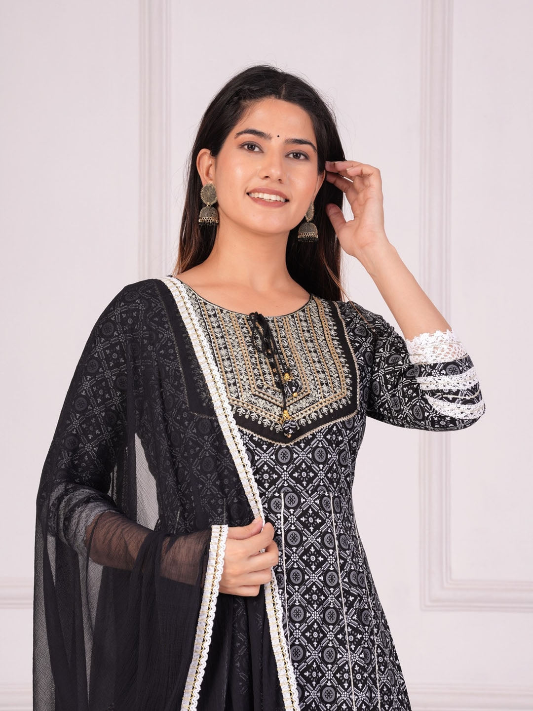 Women's Ethnic Motifs Printed Regular Anarkali Kurta & Palazzos With Dupatta - Taantav