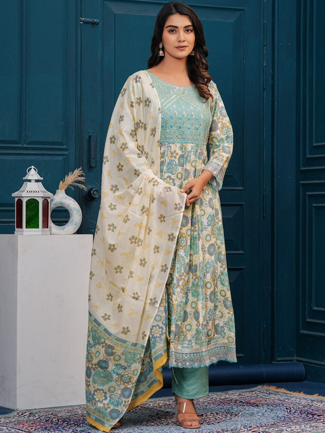 Women's Floral Embroidered Regular Pure Cotton Kurta with Trousers & With Dupatta - Taantav