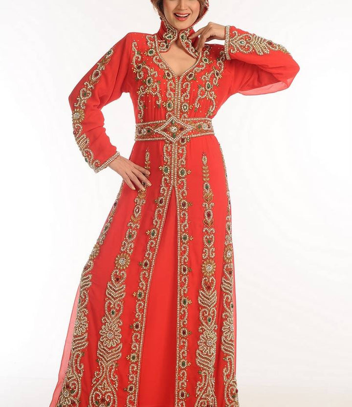 Women's Red Georgette  Animal Print Kaftan