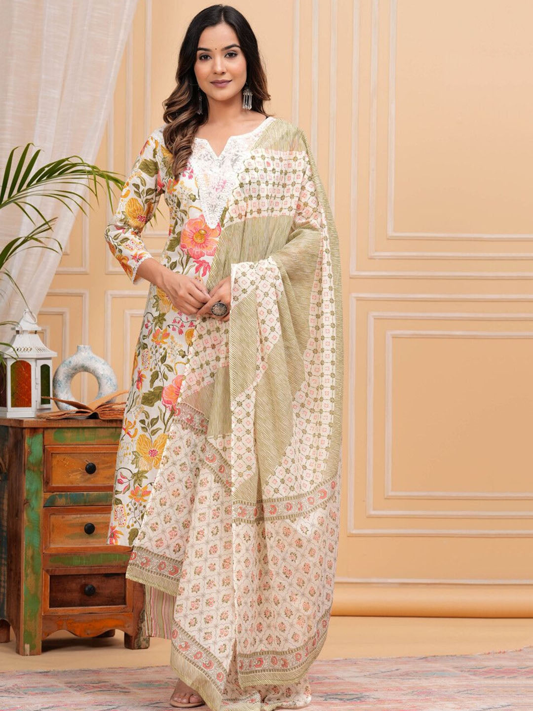 Women's Floral Printed Regular Pure Cotton Straight Kurta with Palazzos & With Dupatta - Taantav