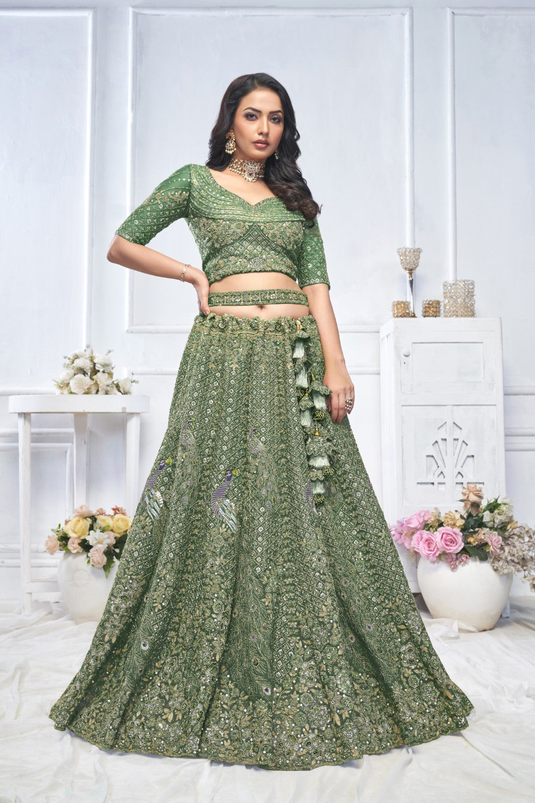 Women's Green Soft Net Embroidery Lehenga Set - Kesar Fab