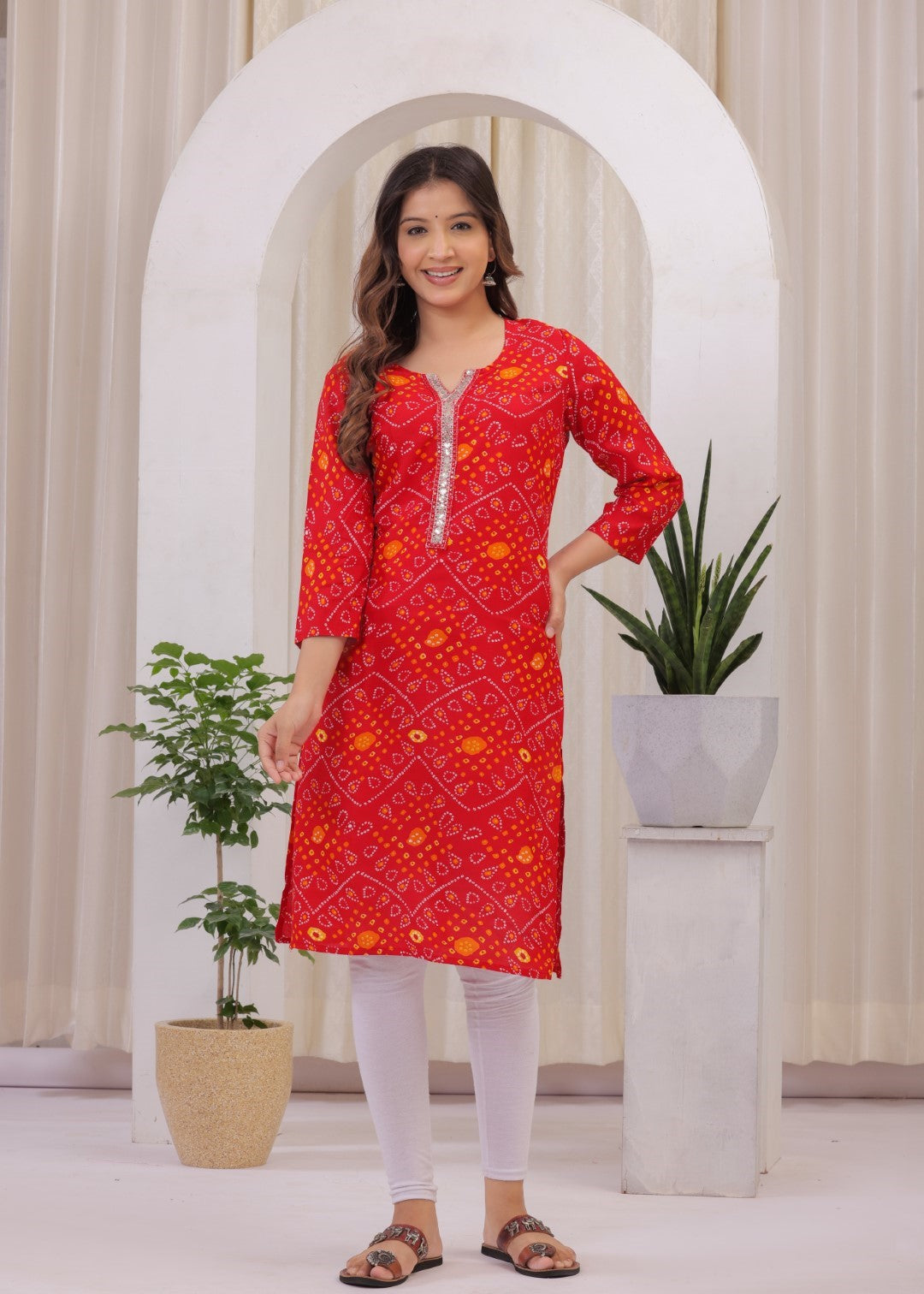 Women's Rayon Bandhej/Bandhani Printed Designer A-Line Self Design Kurta