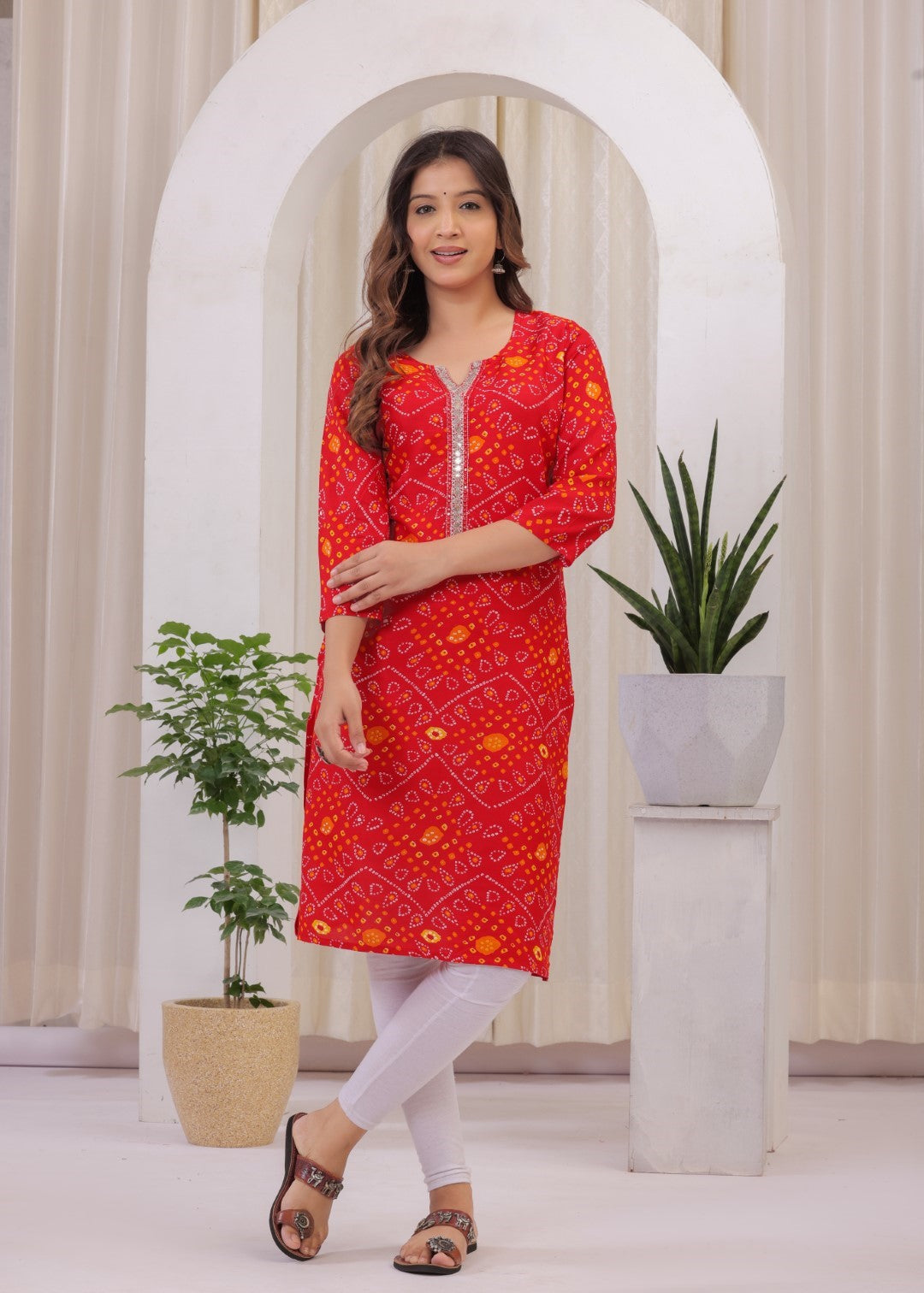 Women's Rayon Bandhej/Bandhani Printed Designer A-Line Self Design Kurta