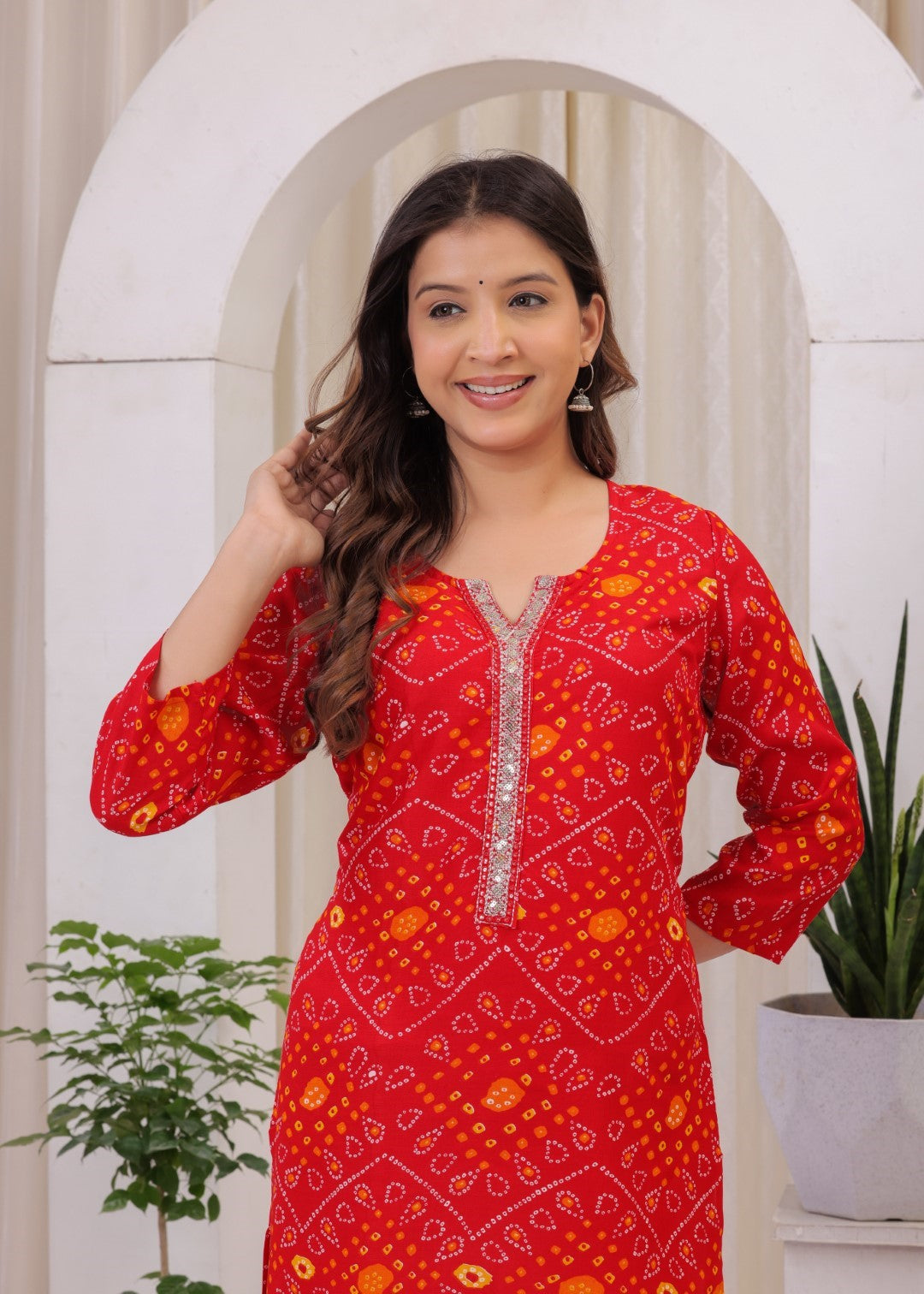 Women's Rayon Bandhej/Bandhani Printed Designer A-Line Self Design Kurta