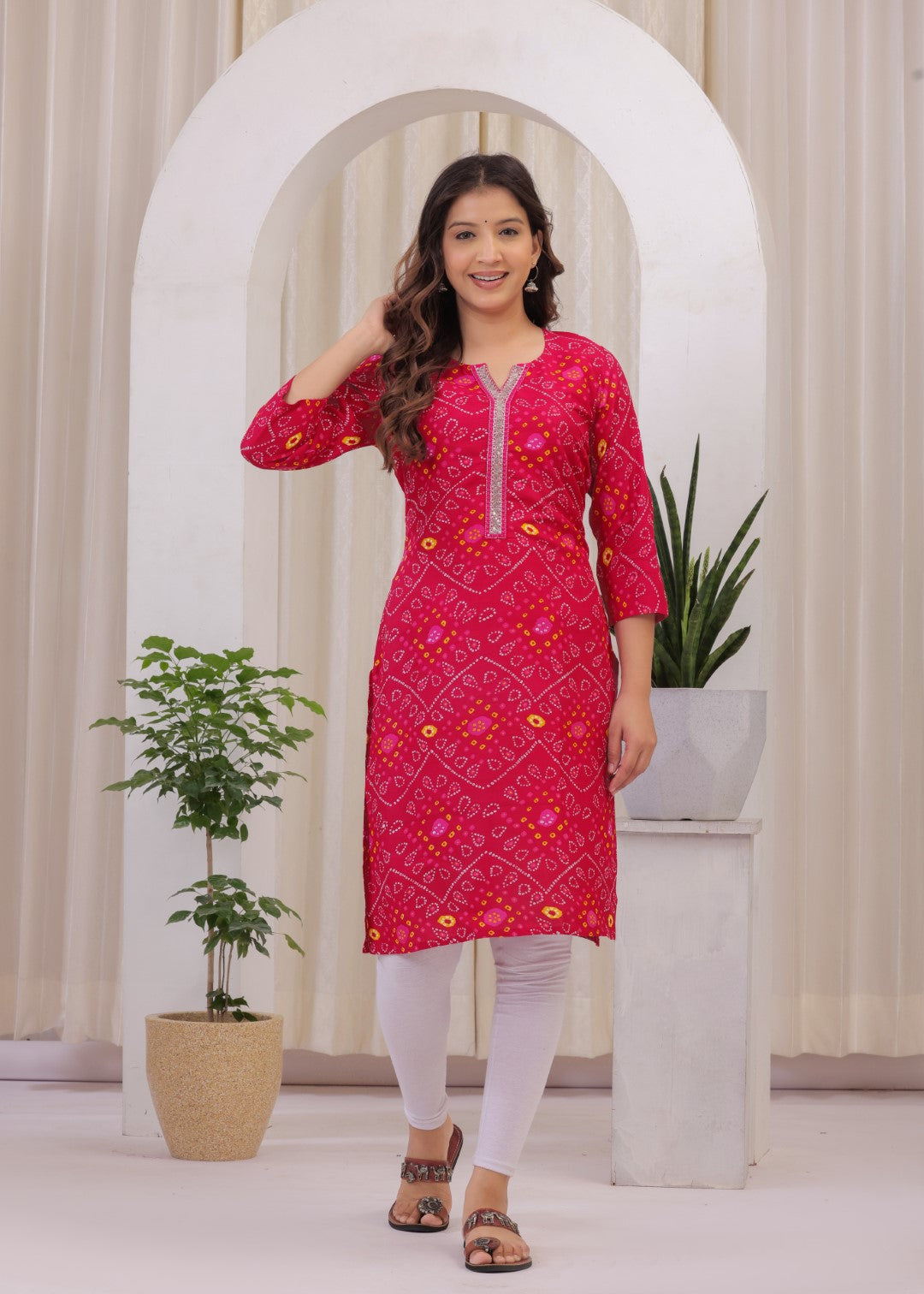 Women's Rayon Bandhej/Bandhani Printed Designer A-Line Self Design Kurta