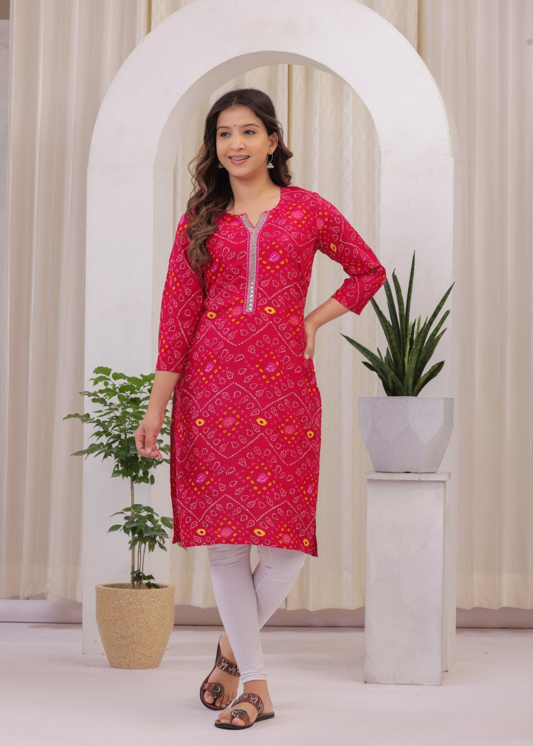 Women's Rayon Bandhej/Bandhani Printed Designer A-Line Self Design Kurta