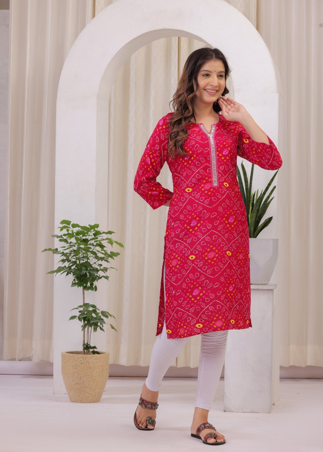 Women's Rayon Bandhej/Bandhani Printed Designer A-Line Self Design Kurta