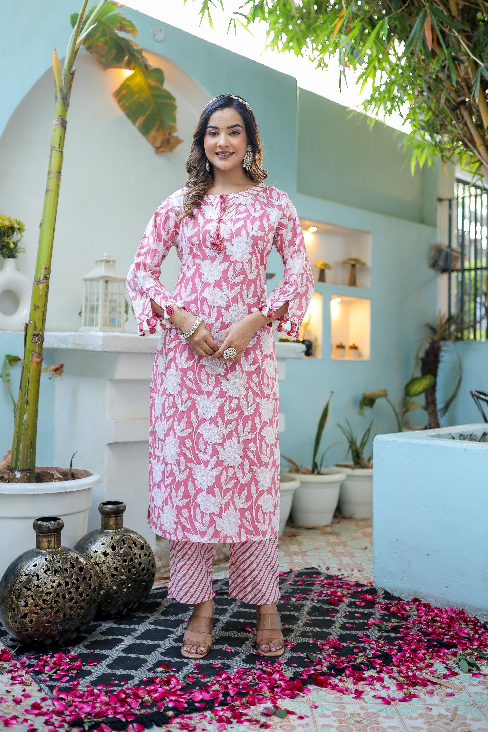 Women's Three-Piece Pink Katha Work Cotton Kurta Set With Dupatta-Benaaz